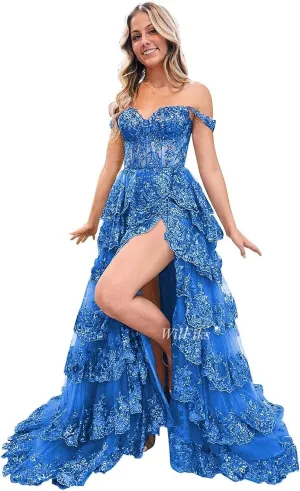Off Shoulder Tiered Lace Prom Dresses 2025 Long Ball Gowns for Women Formal Sparkly Sequin Corset Wedding Gown with Slit
