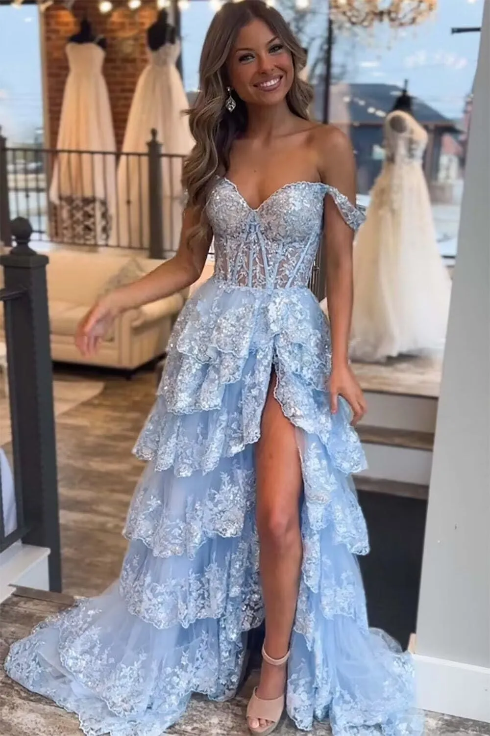Off Shoulder Tiered Ruffle Prom Dress 2025 Long Ball Gown Formal Sparkly Sequin Corset Party Dress with Slit
