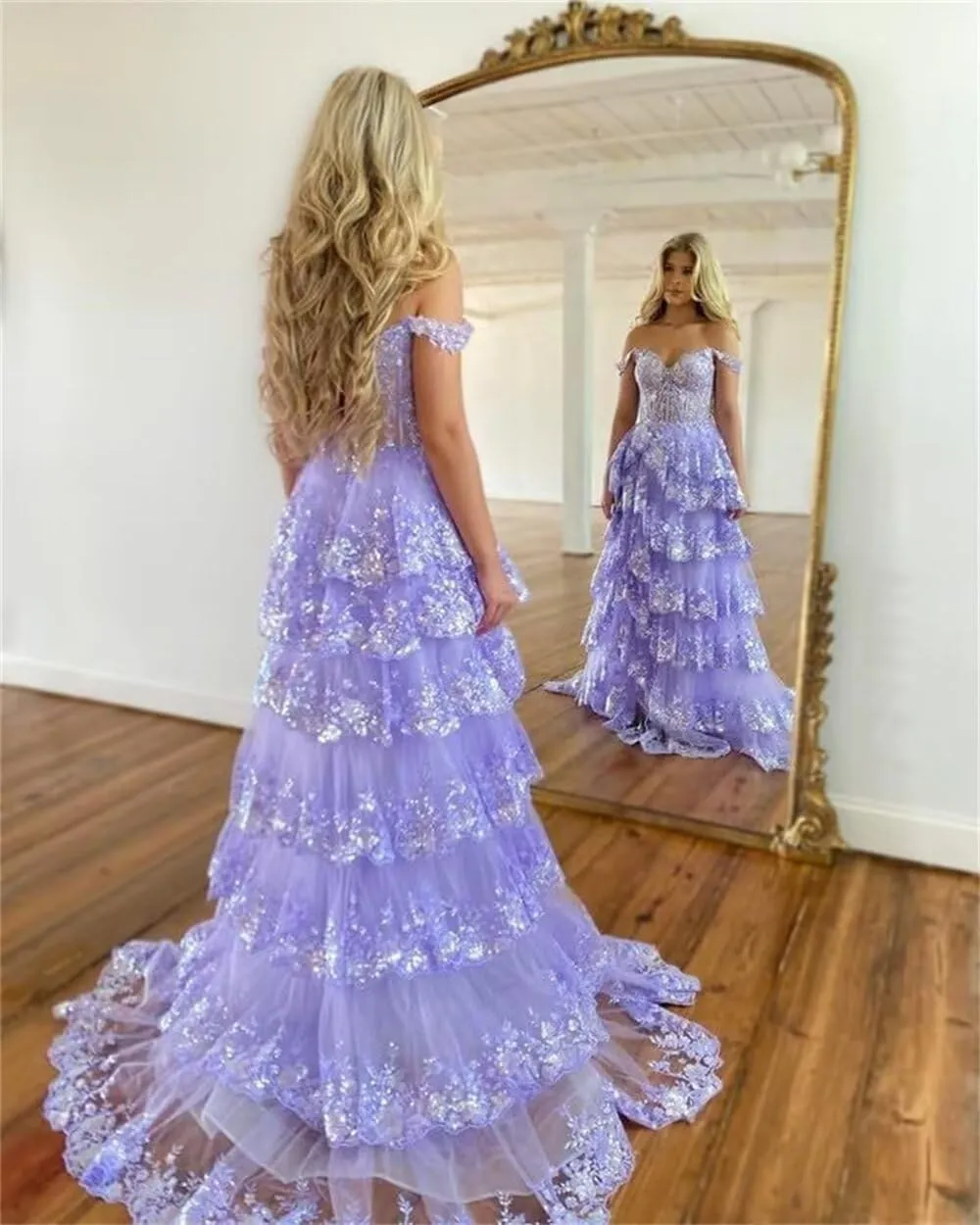 Off Shoulder Tiered Ruffle Prom Dress 2025 Long Ball Gown Formal Sparkly Sequin Corset Party Dress with Slit
