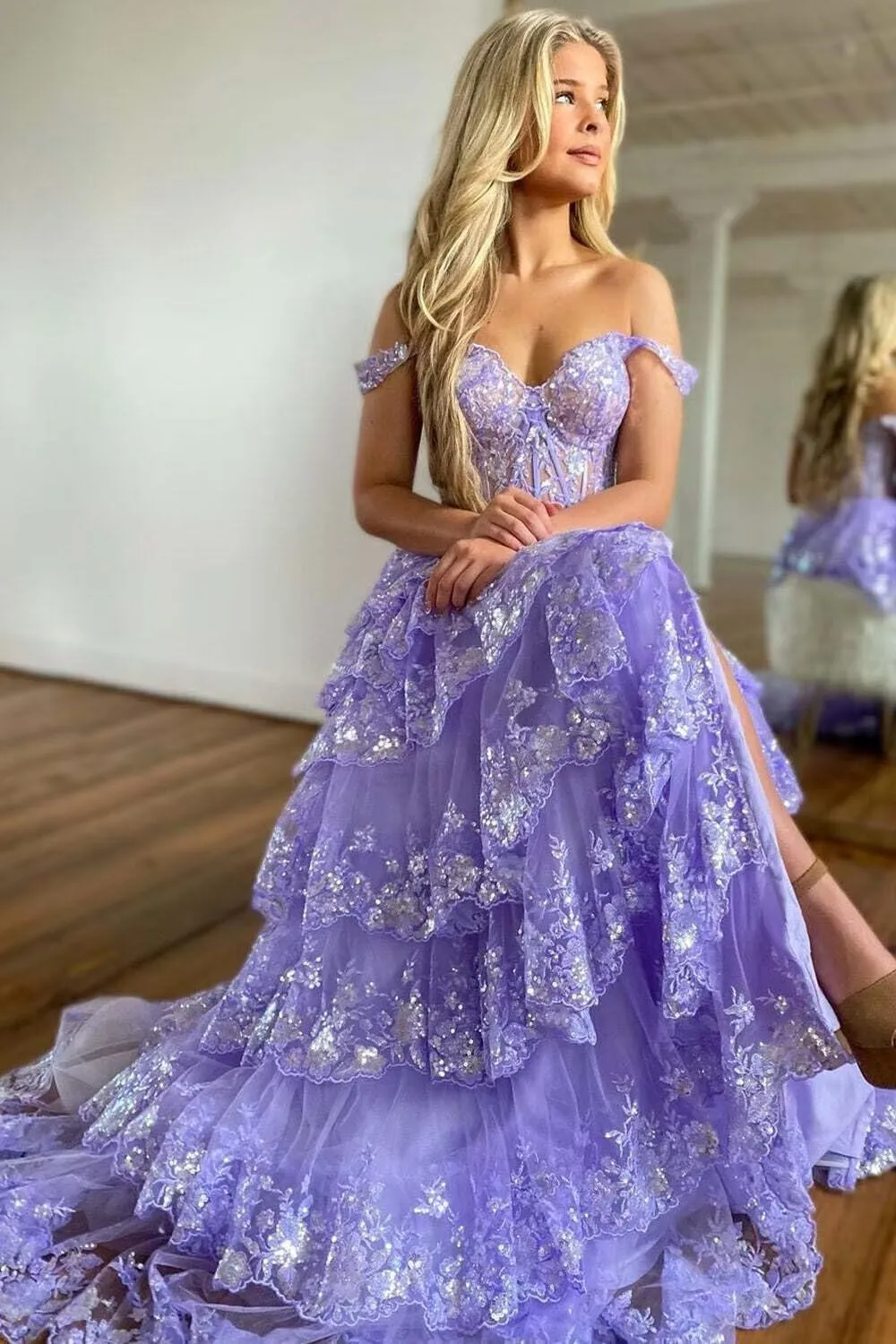 Off Shoulder Tiered Ruffle Prom Dress 2025 Long Ball Gown Formal Sparkly Sequin Corset Party Dress with Slit