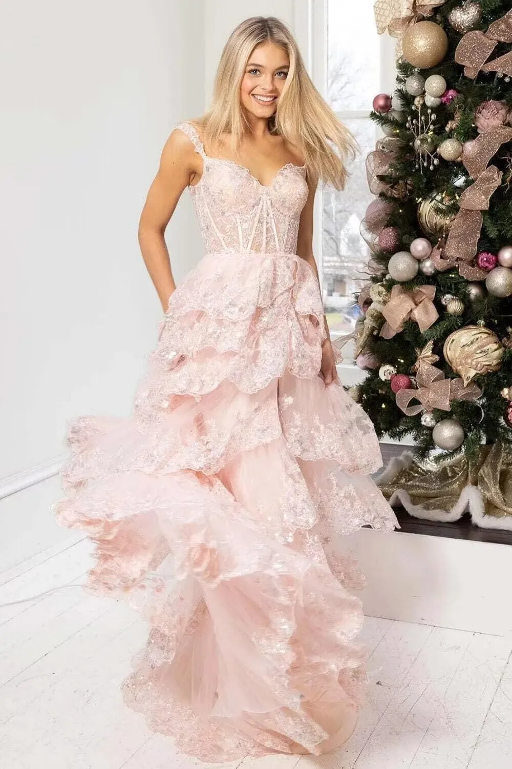 Off Shoulder Tiered Ruffle Prom Dress 2025 Long Ball Gown Formal Sparkly Sequin Corset Party Dress with Slit