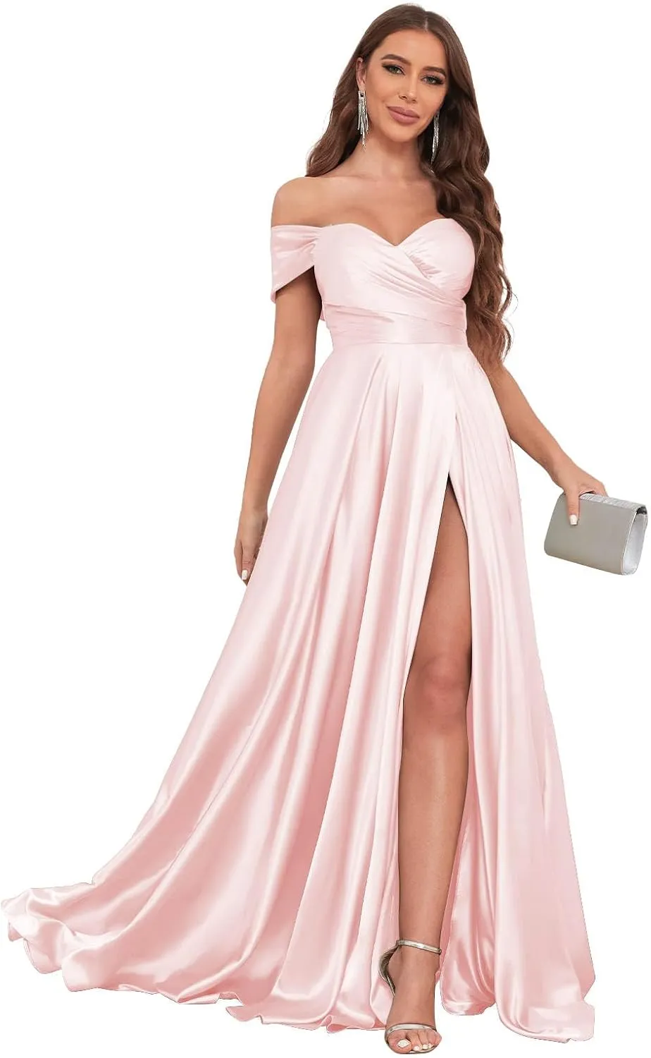 Off The Shoulder Bridesmaid Dresses for Women with Slit Satin Prom Dress Long Formal Gown