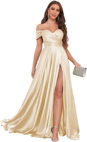 Off The Shoulder Bridesmaid Dresses for Women with Slit Satin Prom Dress Long Formal Gown