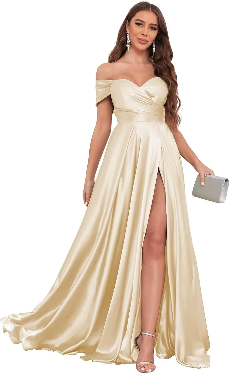 Off The Shoulder Bridesmaid Dresses for Women with Slit Satin Prom Dress Long Formal Gown
