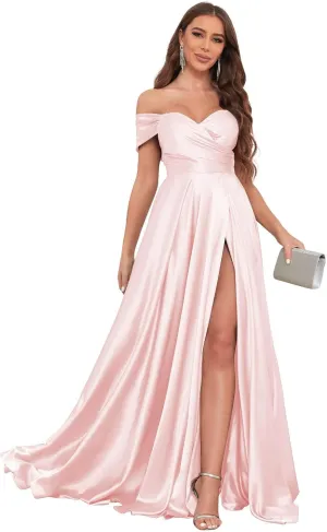 Off The Shoulder Bridesmaid Dresses for Women with Slit Satin Prom Dress Long Formal Gown