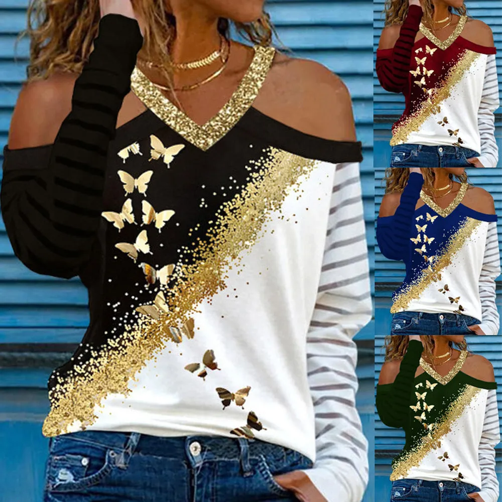 Off the Shoulder Long Sleeve Glittery Butterfly Top