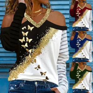 Off the Shoulder Long Sleeve Glittery Butterfly Top