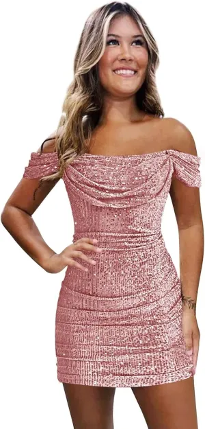 Off The Shoulder Sequin Homecoming Dresses for Teens 2024 Sparkly Short Bodycon Prom Mini Cocktail Gowns