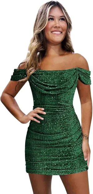 Off The Shoulder Sequin Homecoming Dresses for Teens 2024 Sparkly Short Bodycon Prom Mini Cocktail Gowns