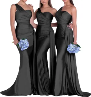 One Shoulder Bridesmaid Dresses for Wedding Mermaid Satin Prom Dresses Long Bodycon Formal Evening Gowns