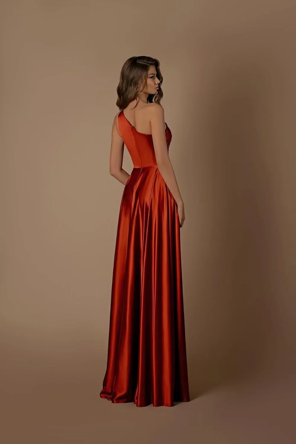 One Shoulder Bridesmaid Dresses for Women Satin Prom Dress with Pockets A Line Formal Dress with Slit