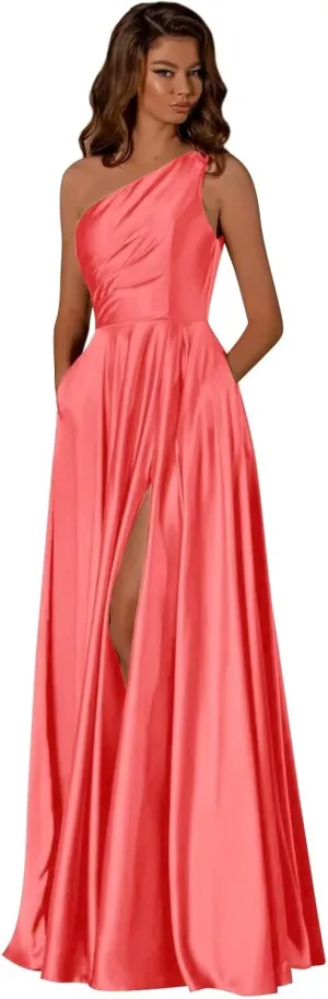 One Shoulder Bridesmaid Dresses for Women Satin Prom Dress with Pockets A Line Formal Dress with Slit