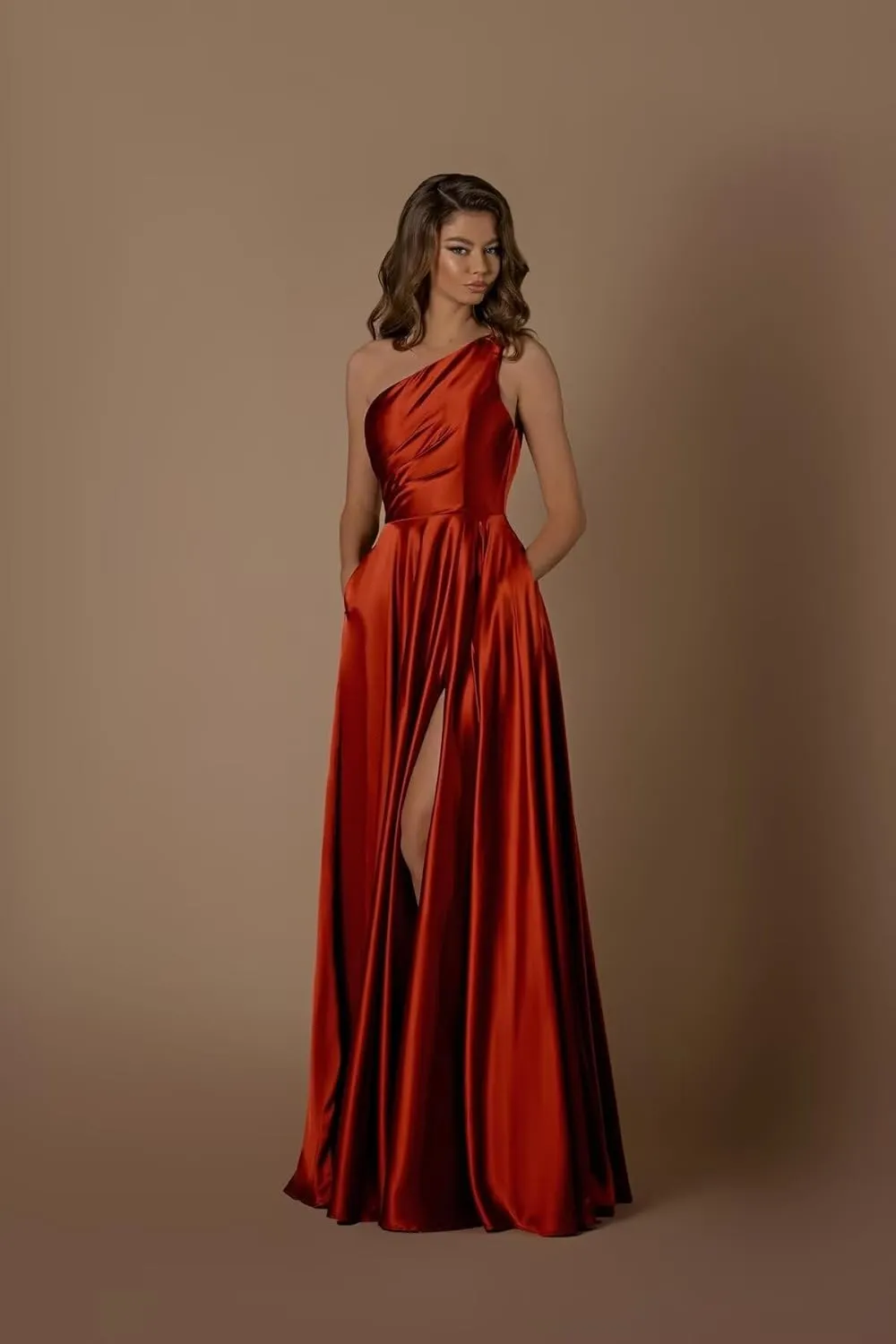 One Shoulder Bridesmaid Dresses for Women Satin Prom Dress with Pockets A Line Formal Dress with Slit