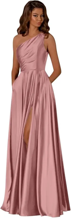 One Shoulder Bridesmaid Dresses for Women Satin Prom Dress with Pockets A Line Formal Dress with Slit