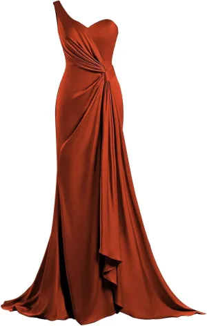 One Shoulder Bridesmaid Dresses Mermaid Satin Prom Dress 2025 Long Ruched Bodycon Evening Party Gowns with Slit
