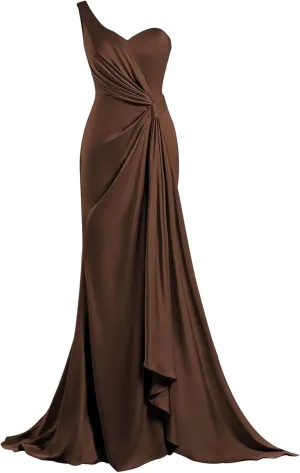 One Shoulder Bridesmaid Dresses Mermaid Satin Prom Dress 2025 Long Ruched Bodycon Evening Party Gowns with Slit