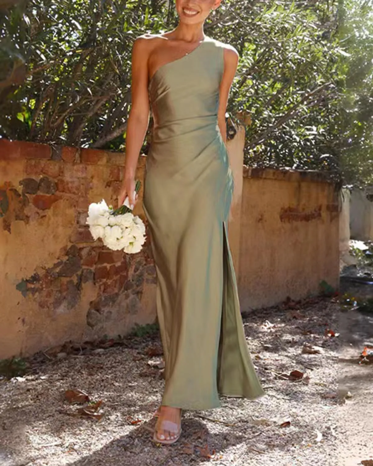 One Shoulder Bridesmaid Dresses with Slit Satin Mermaid Pleated Prom Gowns Beach Forman Dress B1020