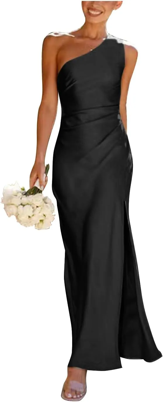 One Shoulder Bridesmaid Dresses with Slit Satin Mermaid Pleated Prom Gowns Beach Forman Dress B1020
