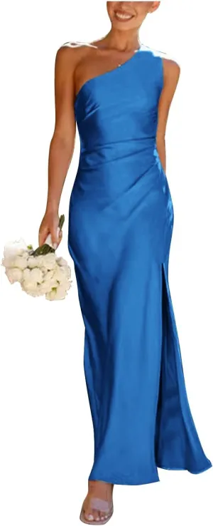 One Shoulder Bridesmaid Dresses with Slit Satin Mermaid Pleated Prom Gowns Beach Forman Dress B1020