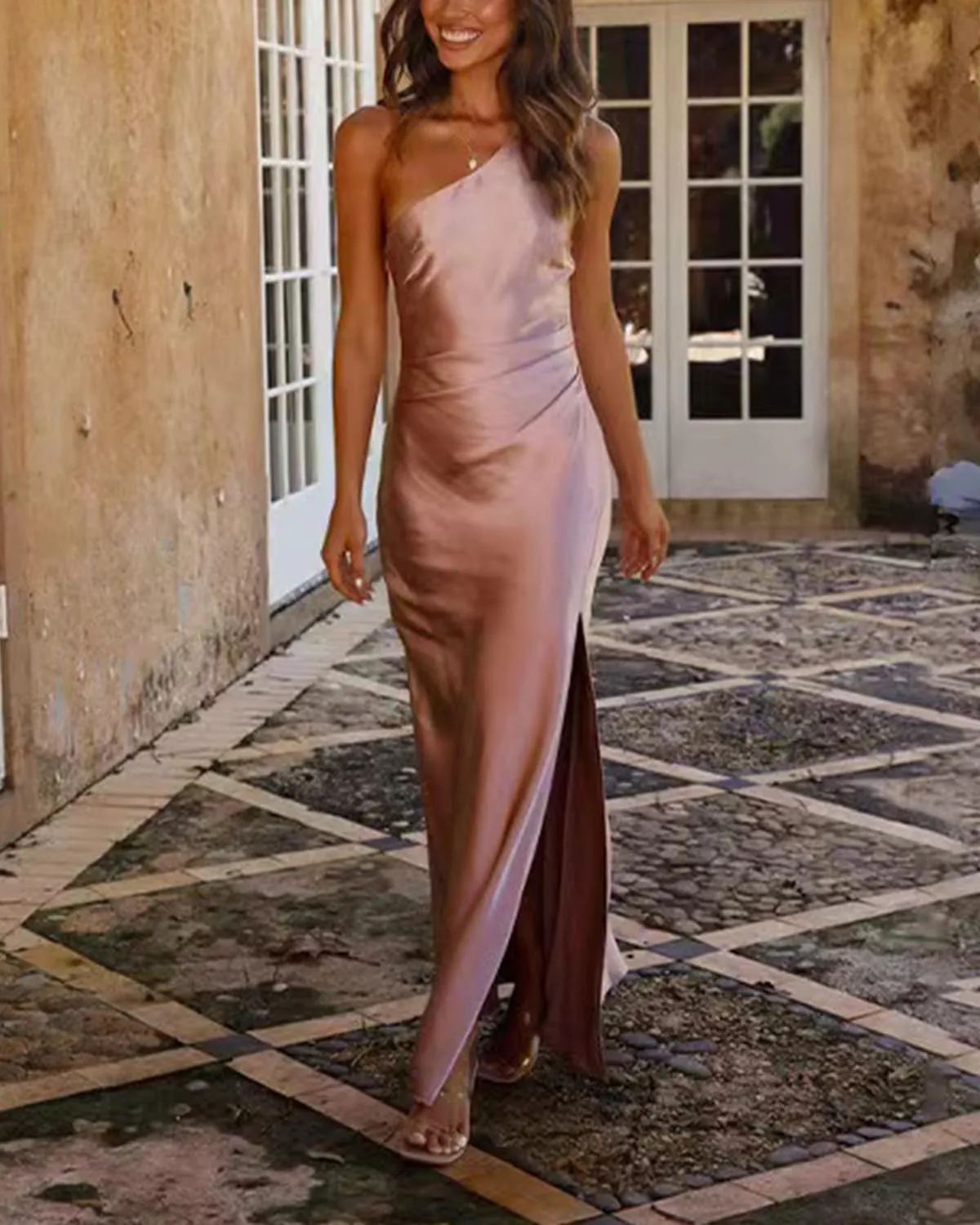One Shoulder Bridesmaid Dresses with Slit Satin Mermaid Pleated Prom Gowns Beach Forman Dress B1020