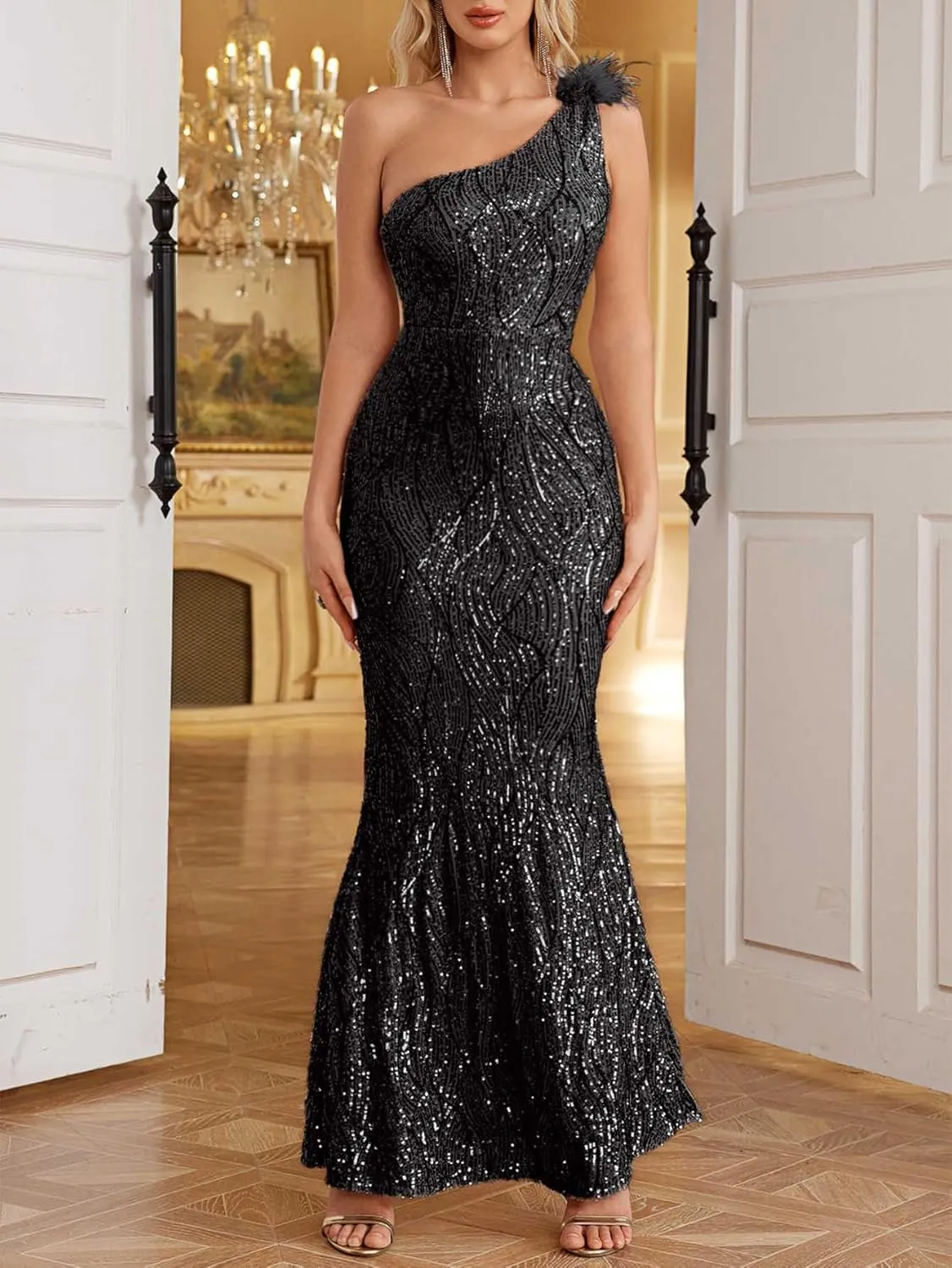 One Shoulder Formal Evening Gowns Sequin Mermaid Maxi Dress for Wedding Guest