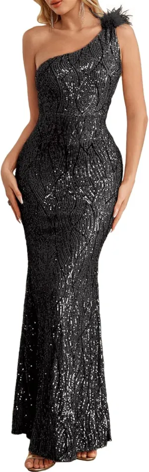 One Shoulder Formal Evening Gowns Sequin Mermaid Maxi Dress for Wedding Guest