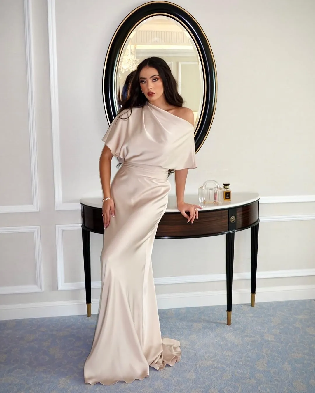 One Shoulder Mother of The Bride Dresses for Wedding Mermaid Half Sleeve Satin Formal Evening Party Gowns