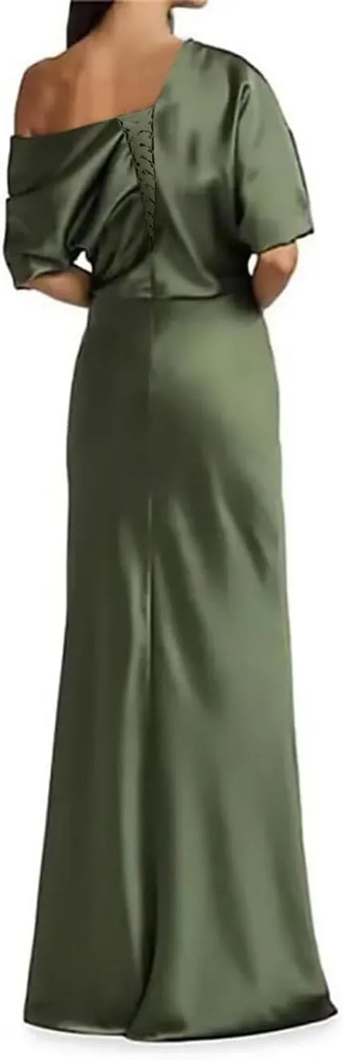 One Shoulder Mother of The Bride Dresses for Wedding Mermaid Half Sleeve Satin Formal Evening Party Gowns