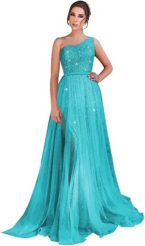 One Shoulder Prom Dresses for Women Long 2025 Sequin Formal Evening Gowns Tulle Wedding Dress