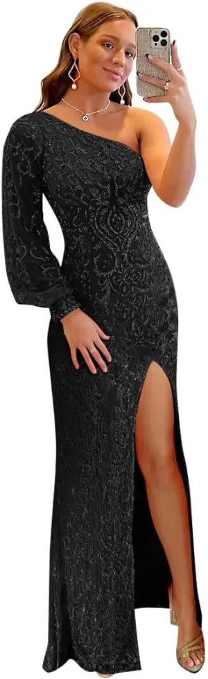 One Shoulder Prom Dresses for Women with Sleeve 2024 Sparkly Sequin Long Formal Evening Gown