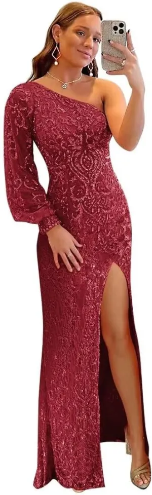 One Shoulder Prom Dresses for Women with Sleeve 2024 Sparkly Sequin Long Formal Evening Gown