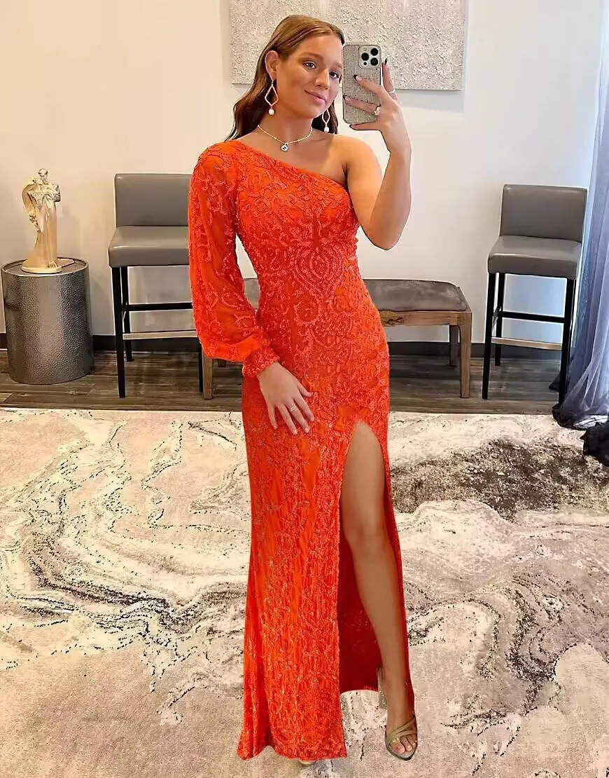 One Shoulder Prom Dresses for Women with Sleeve 2024 Sparkly Sequin Long Formal Evening Gown