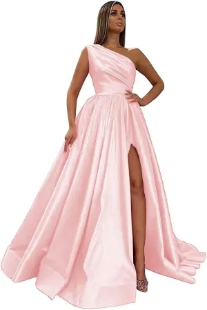 One Shoulder Prom Dresses Long 2025 New Satin Ball Gowns Formal Evening Dress with Slit,R13