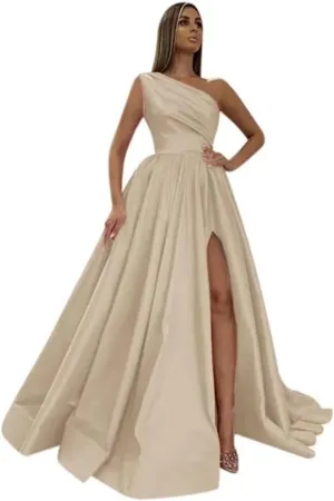 One Shoulder Prom Dresses Long 2025 New Satin Ball Gowns Formal Evening Dress with Slit,R13