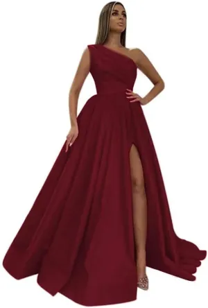 One Shoulder Prom Dresses Long 2025 New Satin Ball Gowns Formal Evening Dress with Slit,R13