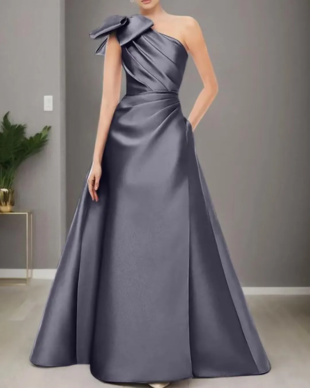 One Shoulder Prom Dresses with Bow Satin Mother of The Bride Dress A Line Formal Evening Party Dresses S-P011