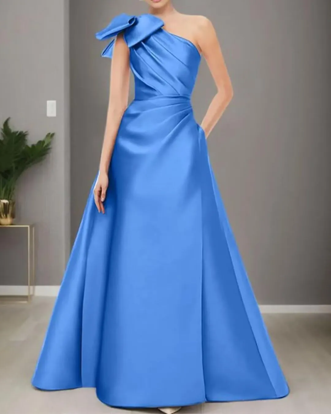 One Shoulder Prom Dresses with Bow Satin Mother of The Bride Dress A Line Formal Evening Party Dresses S-P011