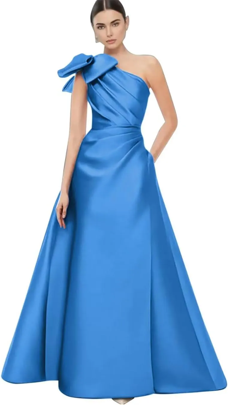 One Shoulder Prom Dresses with Bow Satin Mother of The Bride Dress A Line Formal Evening Party Dresses S-P011