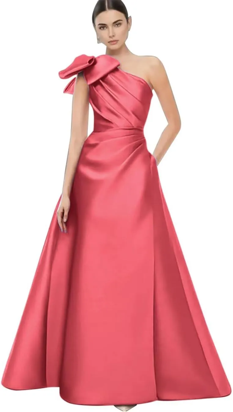 One Shoulder Prom Dresses with Bow Satin Mother of The Bride Dress A Line Formal Evening Party Dresses S-P011