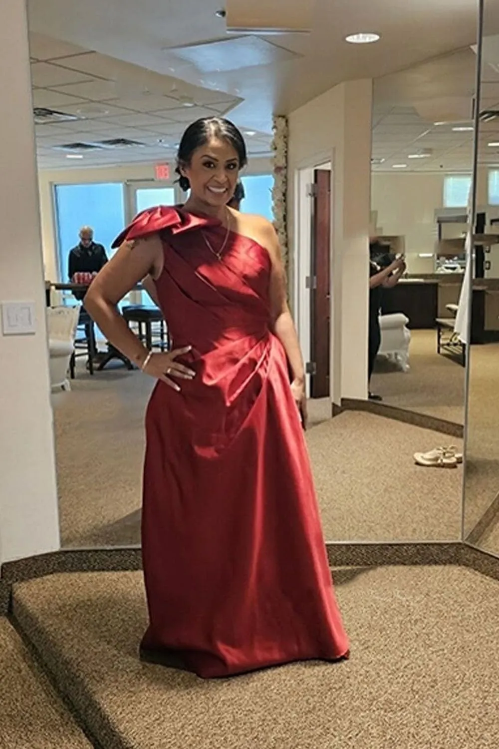 One Shoulder Prom Dresses with Bow Satin Mother of The Bride Dress A Line Formal Evening Party Dresses S-P011