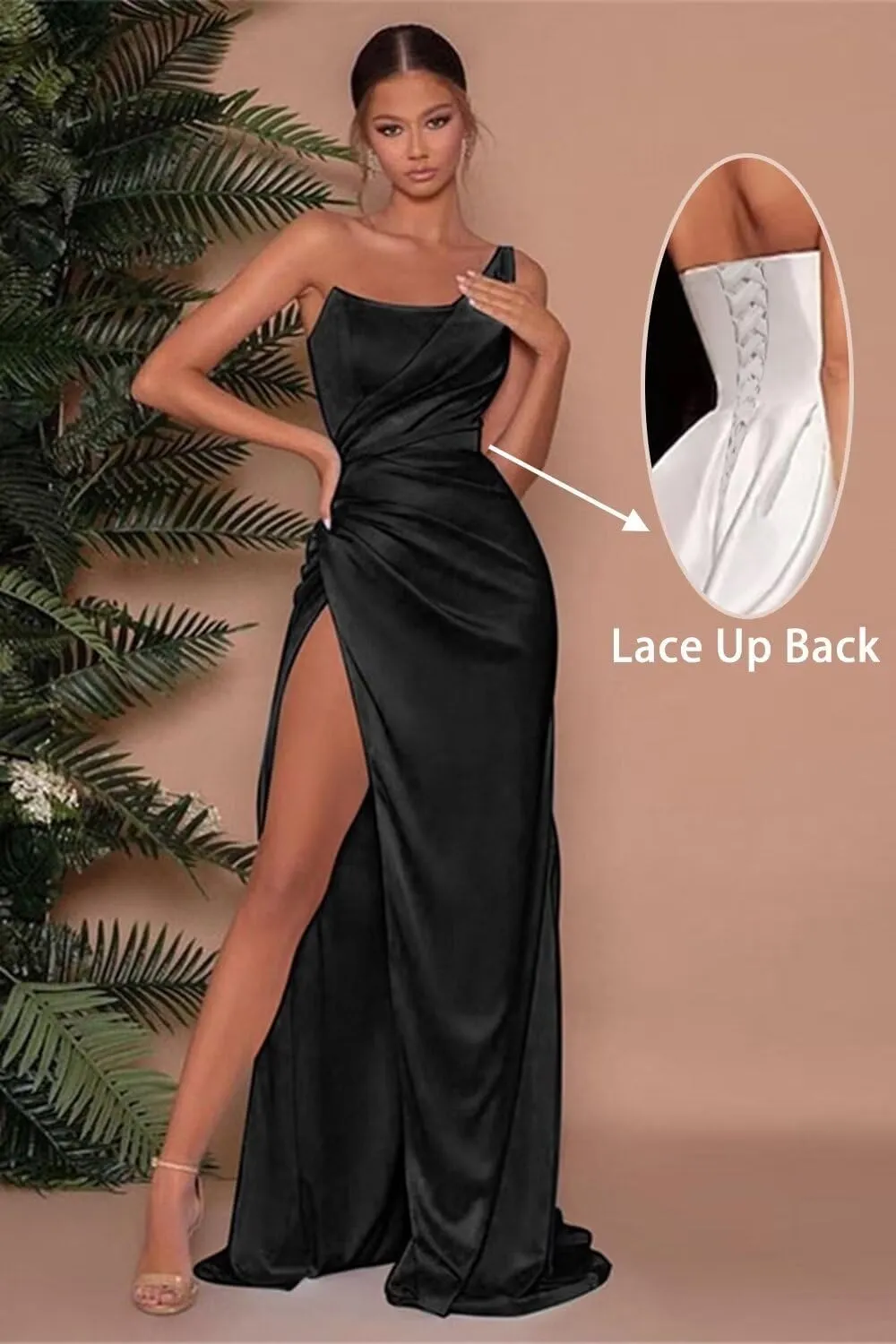 One Shoulder Satin Mermaid Prom Dresses for Women Ruched Long Bridesmaid Dress Formal Evening Gowns