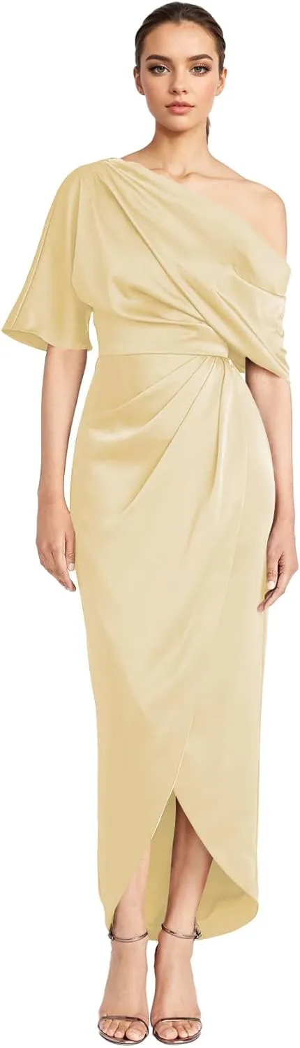 One Shoulder Satin Mother of The Bride Dresses for Wedding - Tea Length Formal Evening Dress with Slit