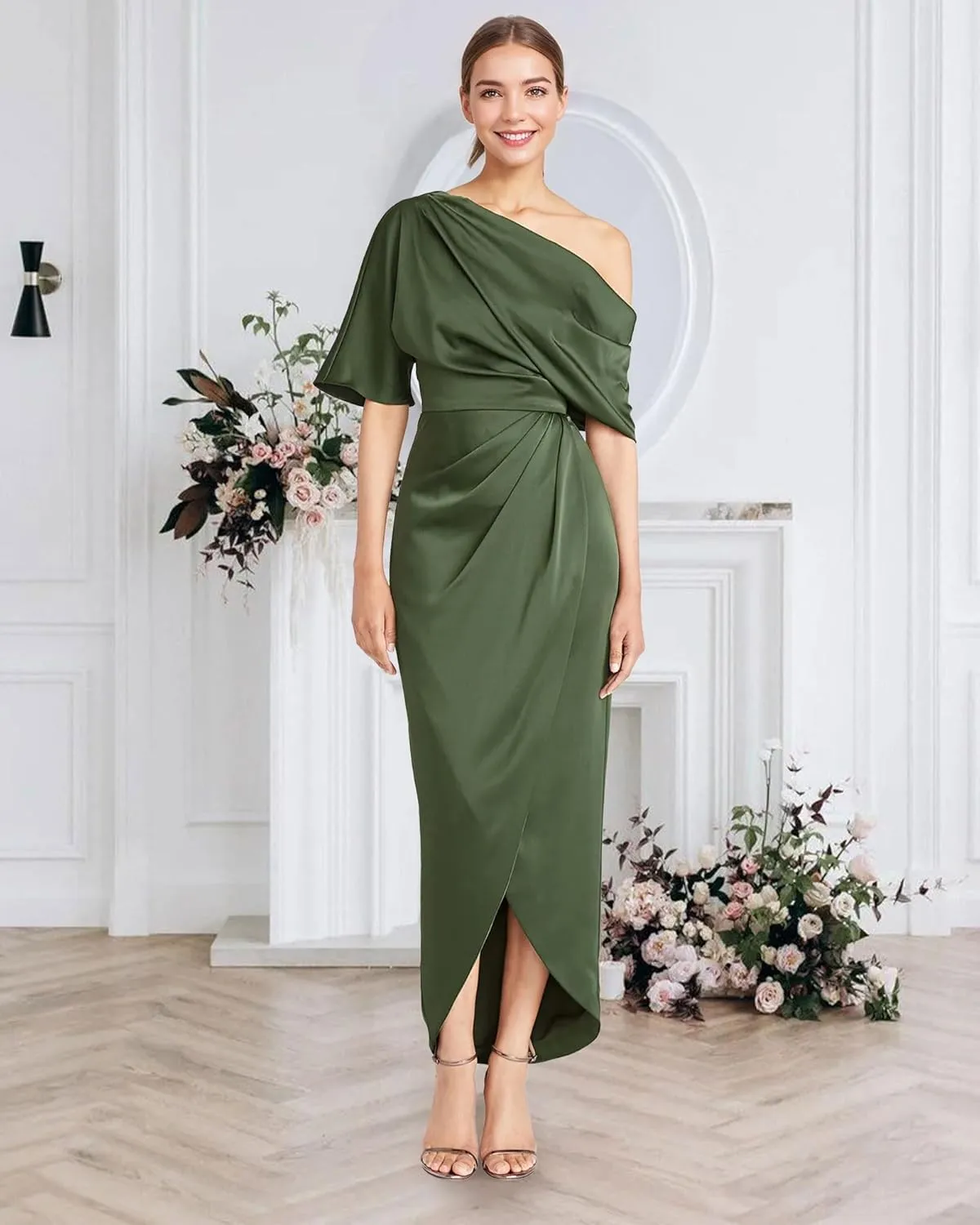 One Shoulder Satin Mother of The Bride Dresses for Wedding - Tea Length Formal Evening Dress with Slit