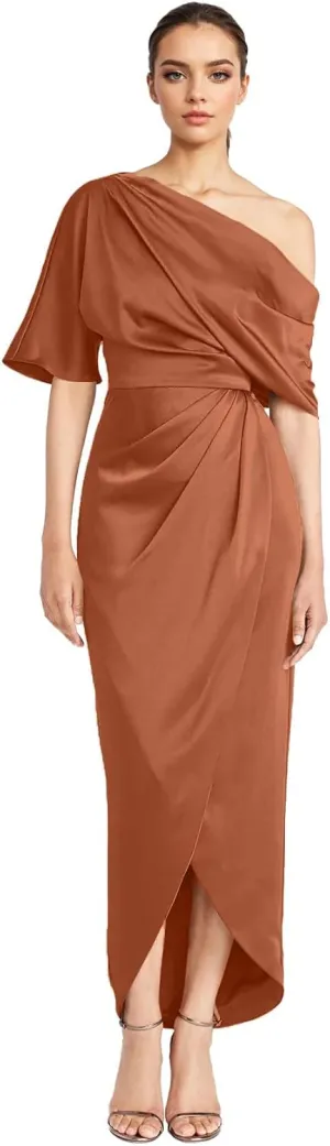 One Shoulder Satin Mother of The Bride Dresses for Wedding - Tea Length Formal Evening Dress with Slit