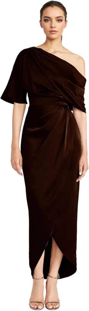 One Shoulder Satin Mother of The Bride Dresses for Wedding - Tea Length Formal Evening Dress with Slit