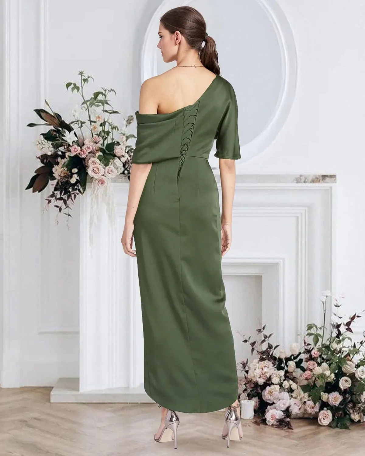 One Shoulder Satin Mother of The Bride Dresses for Wedding - Tea Length Formal Evening Dress with Slit