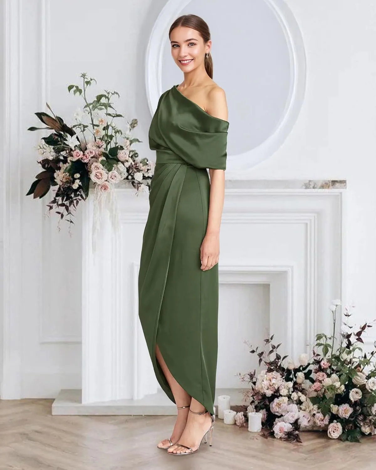 One Shoulder Satin Mother of The Bride Dresses for Wedding - Tea Length Formal Evening Dress with Slit