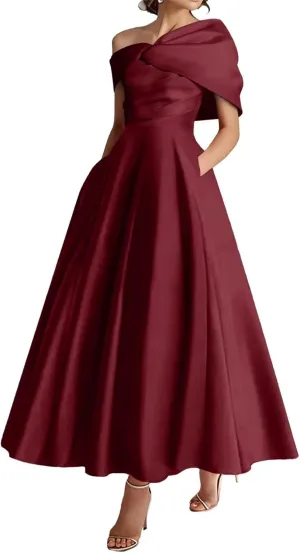 One Shoulder Satin Mother of The Bride Dresses for Women 2025 Tea Length A-Line Ruffle Formal Prom Evening Gowns