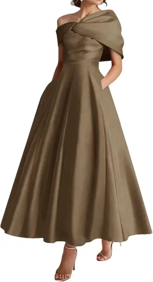 One Shoulder Satin Mother of The Bride Dresses for Women 2025 Tea Length A-Line Ruffle Formal Prom Evening Gowns