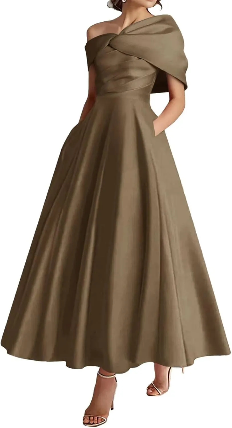 One Shoulder Satin Mother of The Bride Dresses for Women 2025 Tea Length A-Line Ruffle Formal Prom Evening Gowns